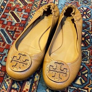 EUC Tory Burch Minnie Travel Brown/Tan Leather Flats, Sz 10